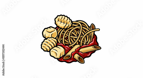 Cartoon illustration of a delicious pasta mix spaghetti, penne, and gnocchi, covered in tomato sauce