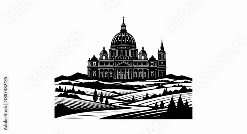Grand domed cathedral building majestically situated amidst rolling hills, winding paths, and evergreen trees