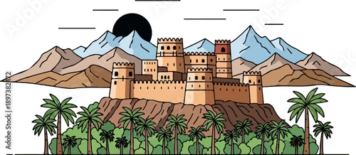 Illustration of a fortified castle on a rocky hill amidst an oasis with palm trees and distant mountains