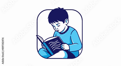 An illustration of a young boy, dressed in blue, sitting cross-legged and reading a book, framed