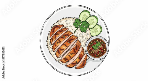An illustration of a dish with sliced grilled chicken, rice, cucumber, cilantro, and spicy dipping sauce