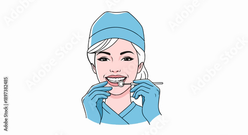 Illustration of a smiling female dentist examining teeth with braces using a dental mirror