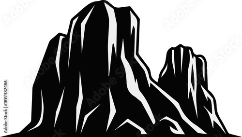 Stylized black and white illustration of rugged mountain peaks, emphasizing their steep, rocky terrain