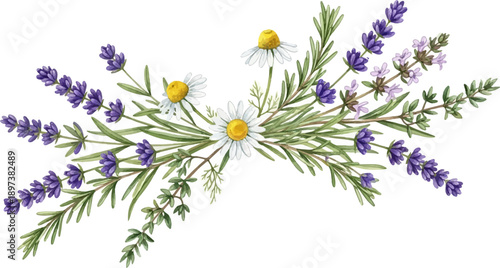 Watercolor illustration of lavender, daisies, rosemary, and thyme in a beautiful floral arrangement