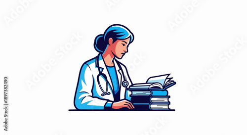 An illustration of a female medical professional in a lab coat and stethoscope, intently reading a book beside a stack of books