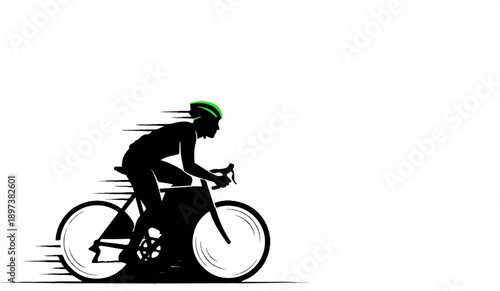 Dynamic silhouette of a cyclist in a vivid green helmet, speed lines indicating rapid motion