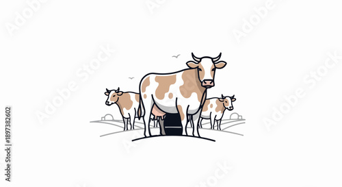 Cartoon illustration of three brown and white cows standing on stylized ground with birds overhead