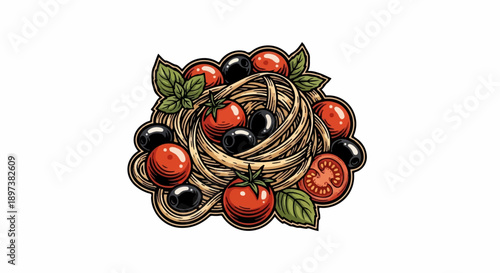 An appealing illustration of pasta nest with fresh tomatoes, black olives, and green basil leaves