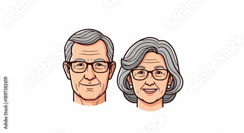Illustrative portraits of an elderly man and woman with grey hair and glasses, smiling warmly on white