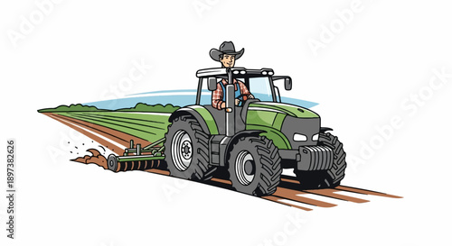 An illustration of a smiling cowboy-hatted farmer driving a green tractor, plowing a vast field