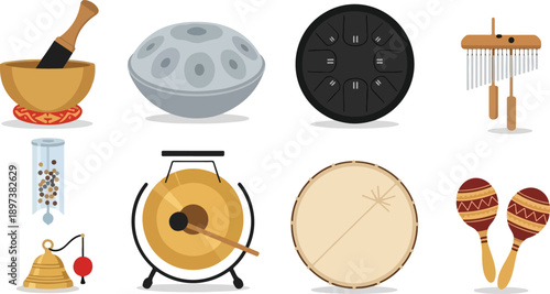 Collection of various percussion instruments and musical elements displayed together in a visual representation