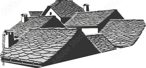 Stylized grayscale illustration of a complex shingled roof with multiple gables and chimneys