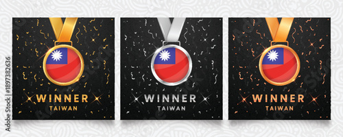 Taiwan Winner Medal Set: Gold, Silver and Bronze Awards with Republic of China Flag and Festive Confetti Background
