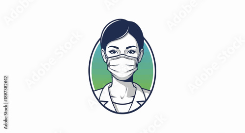 An illustration of a person with dark hair, wearing a protective mask, framed by a teal and green gradient oval