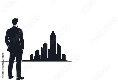 Silhouette of a man in a suit, hands in pockets, gazing at a dark city skyline illustration
