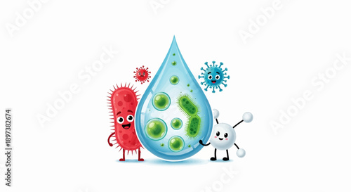 Cute cartoon microbes, virus, and molecule characters interacting around a water drop containing bacteria