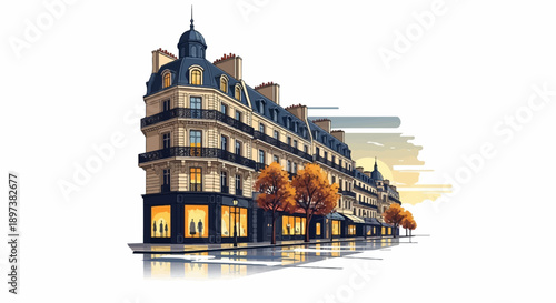 Pixel art of a charming Parisian street with autumn trees, illuminated shopfronts, and classic buildings at sunset