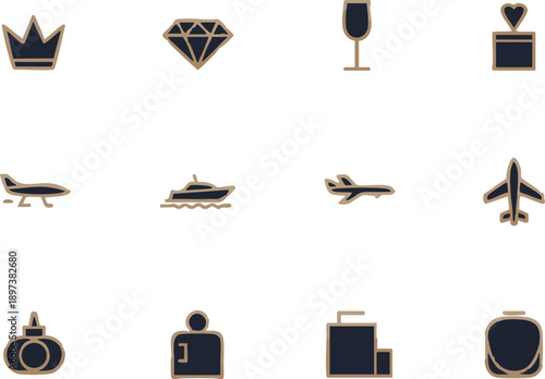 Luxury travel and lifestyle icons including crowns jewelry planes boats and high end accessories