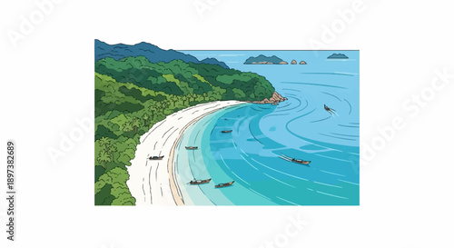 Illustrated aerial view of a vibrant tropical beach with green mountains, white sand, turquoise ocean, and small boats