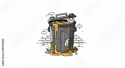 An overflowing, dirty garbage can with a partially open lid, surrounded by spilled refuse