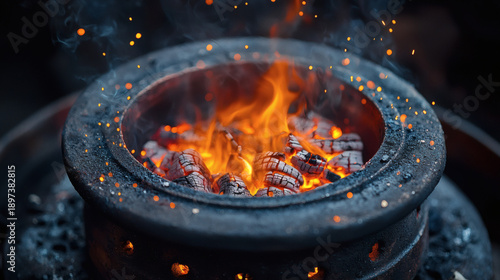 Intense Flames and Red Hot Charcoal in Traditional Cooking Pot