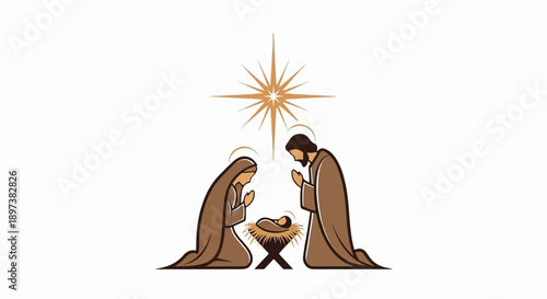 Illustration of the nativity scene with Mary, Joseph, and baby Jesus in a manger under a bright star