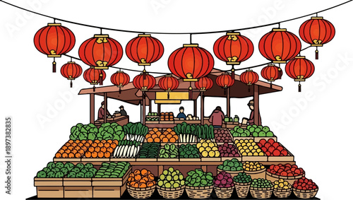 An outdoor market stall filled with colorful fresh fruits and vegetables, with vendors and festive red lanterns hanging above