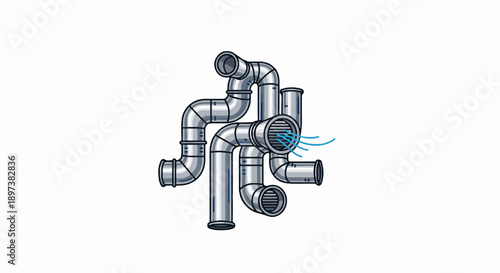 An intricate illustration of a plumbing system with interconnected pipes and vents, showing air flow