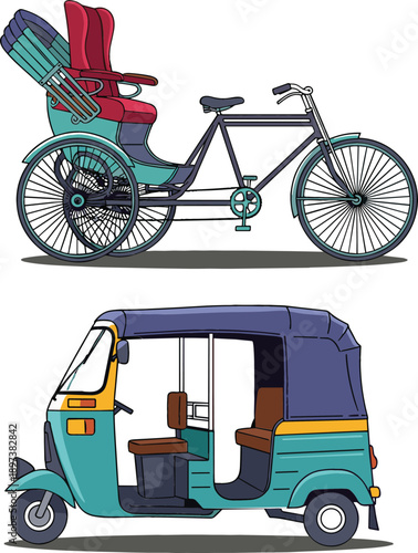 Set of traditional cycle rickshaw and modern motorized auto rickshaw vector illustrations for South Asian transportation design.