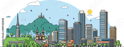 Vibrant vector illustration of a bustling city skyline featuring diverse architecture against a blue sky