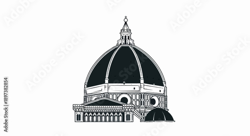 Stylized black and white illustration of an iconic historical dome structure with intricate architectural details