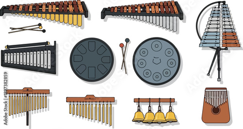 Collection of various percussion instruments displayed together on a clean white surface