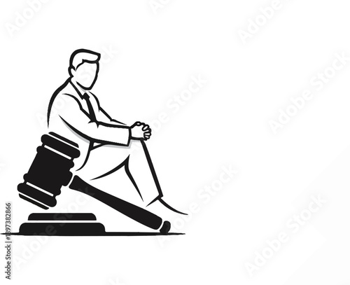 Black and white illustration of a man in a suit sitting next to a large judge's gavel on the floor