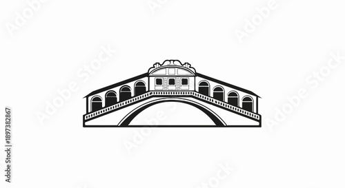 Black and white illustration of an ornate, arched stone bridge with an upper structure and windows