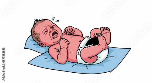 Illustration of a distressed newborn baby crying loudly while lying on a blue mat, wearing a diaper