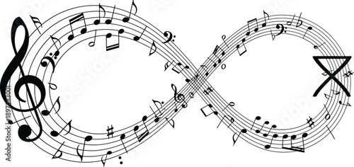 music, infinity, symbol, notes, staff, treble, clef, fermata, flow, rhythm, melody, harmony, abstract, continuous, loop, art, design, dynamic, creative, expression