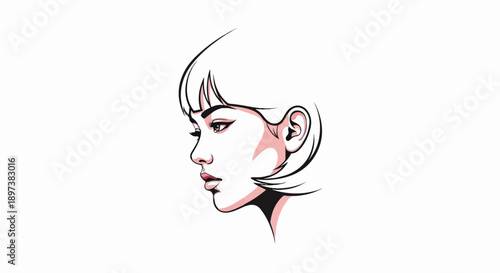 Vector illustration of a woman's profile with short bob hair and bangs, subtle pink shading, and black lines