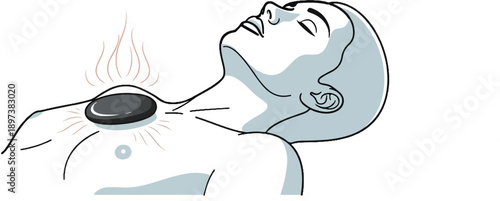Illustration of a person relaxing during a hot stone massage, with a heated stone on their chest