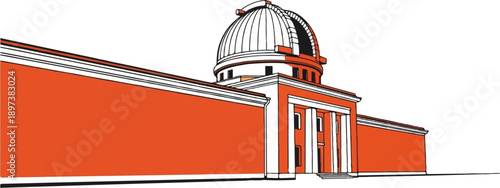 An architectural illustration of a building featuring a large domed observatory atop a structure with pillars