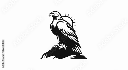Black and white illustration of a majestic eagle perched on a rocky outcrop, with a stylized sun in the background
