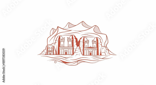 Stylized line art of monumental ancient rock-carved structures nestled within a rugged desert mountain landscape