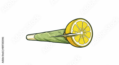 Illustration of a conical green object with a light tip, capped by a vibrant sliced yellow citrus fruit