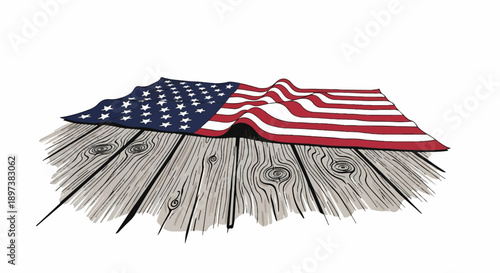 Illustrative wavy national flag with stars and stripes draped over rustic wooden planks, white background