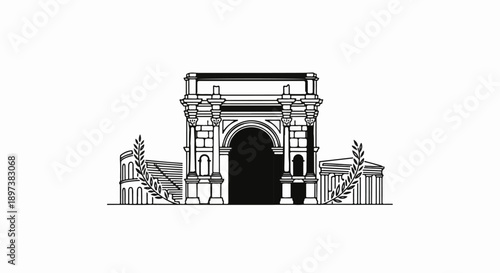 Iconic triumphal arch centered, flanked by Roman amphitheater and Greek temple illustration