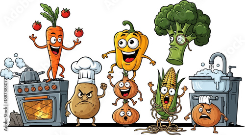 Cartoon vegetables juggling, cooking, and washing dishes with diverse expressions in a fun kitchen scene