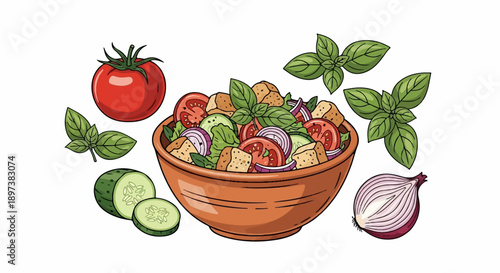 An appetizing illustration of a fresh, vibrant salad in a bowl, surrounded by its individual ingredients
