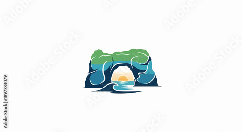 Stylized graphic of a coastal rock formation with a natural arch, revealing a sunset over the ocean