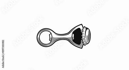Black and white illustration of a bottle opener removing a bottle cap on a plain white background