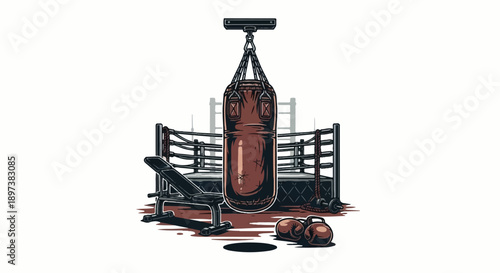 Pixel art illustration of a boxing gym setup with a punch bag, boxing ring, weight bench, and gloves