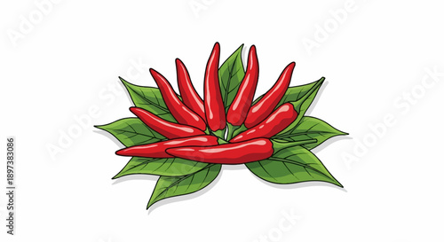Vibrant illustration of a cluster of red chili peppers nested on fresh green leaves, symbolizing spice